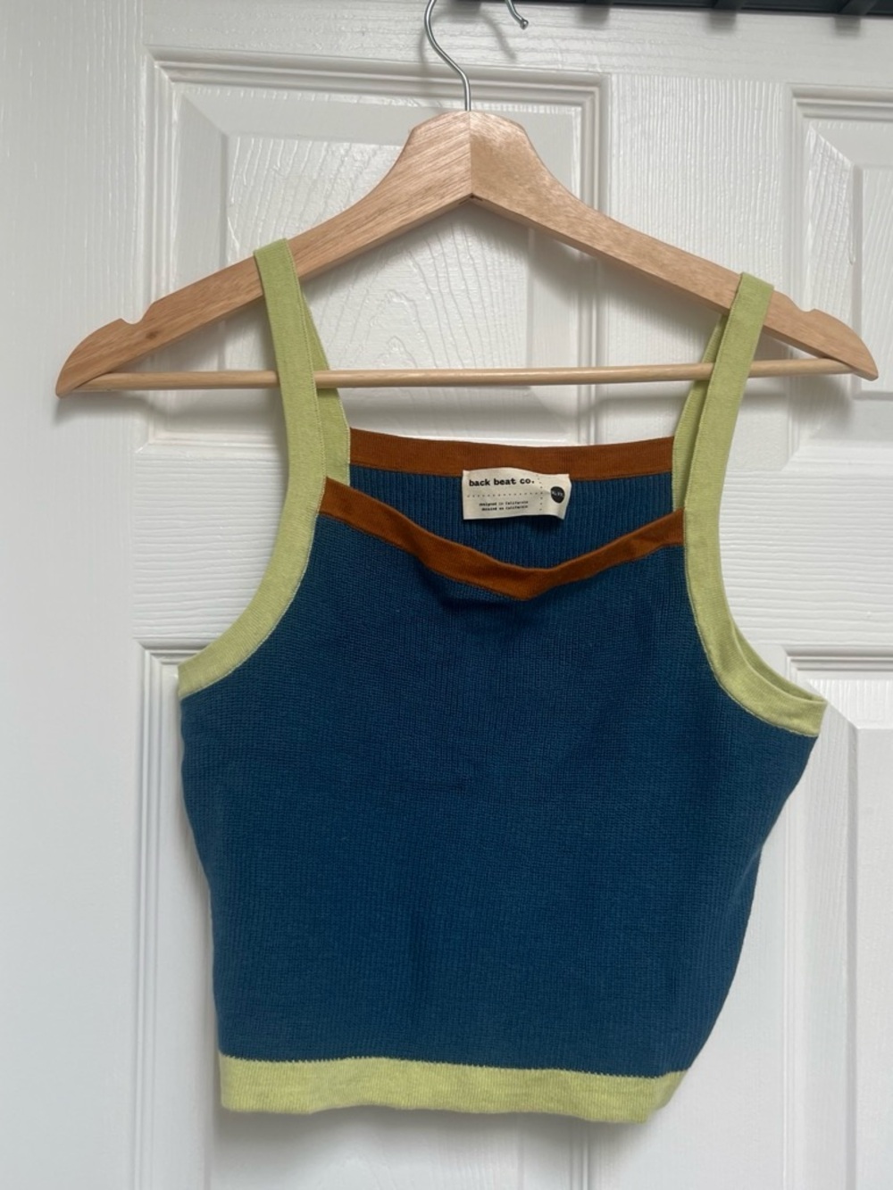 Back Beat Co. Teal Knit Crop Tank with Lime Trim and Brown Accent